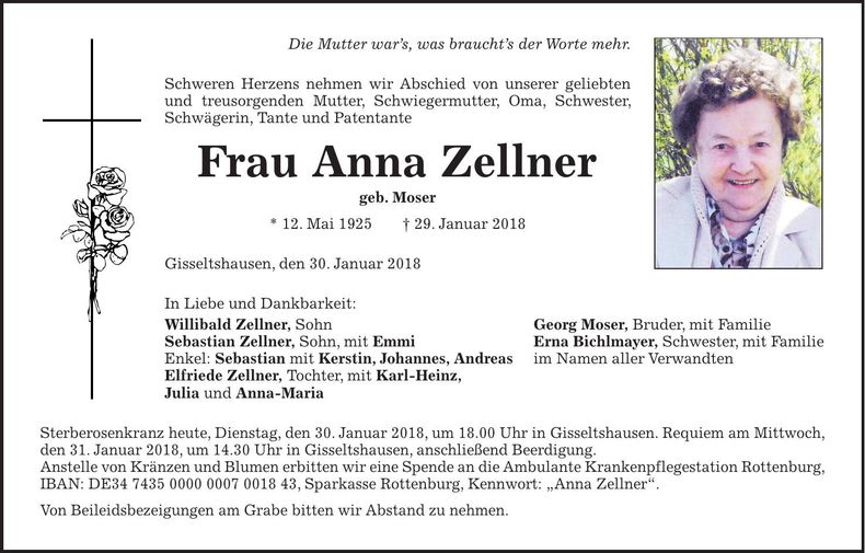 Traueranzeige Anna Zellner