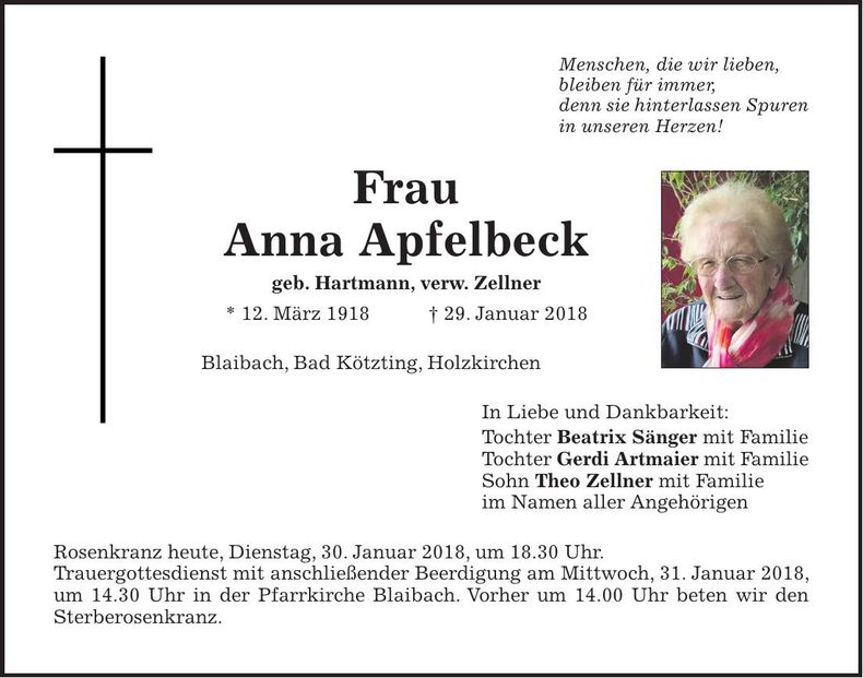 Traueranzeige Anna Apfelbeck