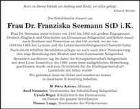 Traueranzeige Franziska Seemann