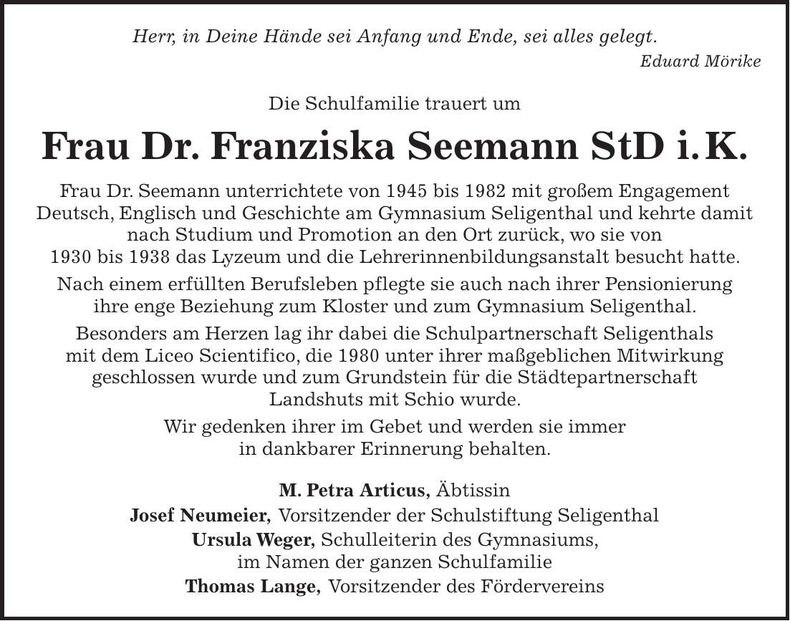 Traueranzeige Franziska Seemann