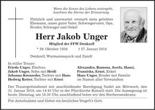 Traueranzeige Jakob Unger