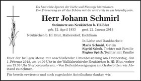 Traueranzeige Johann Schmirl