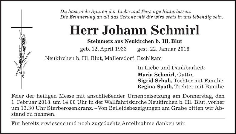 Traueranzeige Johann Schmirl