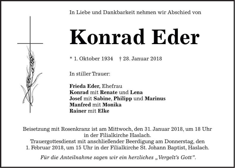 Traueranzeige Konrad Eder