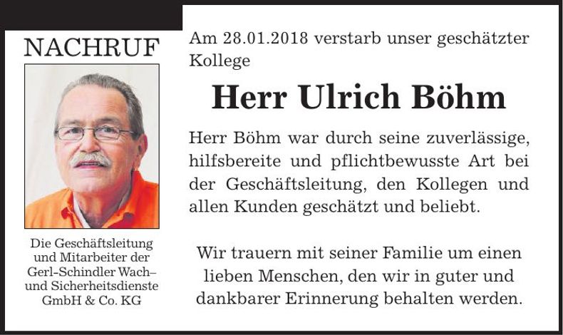Traueranzeige Ulrich Böhm