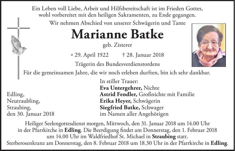 Traueranzeige Marianne Batke