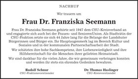Traueranzeige Franziska Seemann