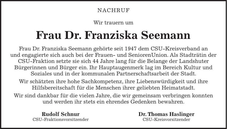 Traueranzeige Franziska Seemann