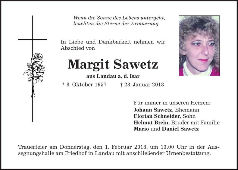 Traueranzeige Margit Sawetz