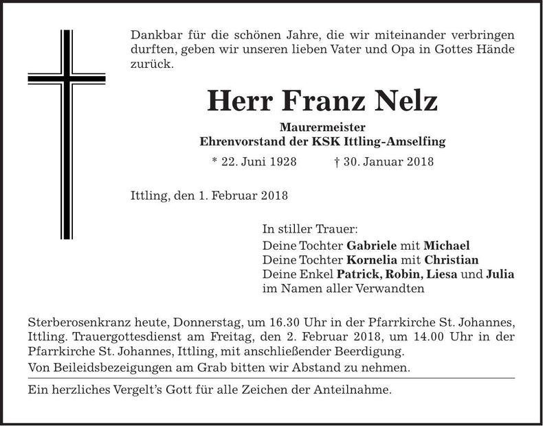 Traueranzeige Franz Nelz