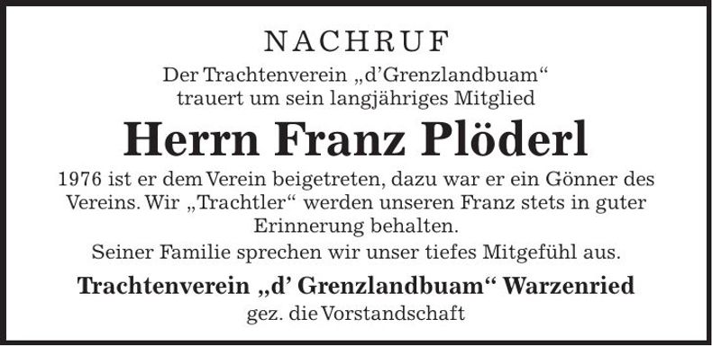 Traueranzeige Franz Plöderl