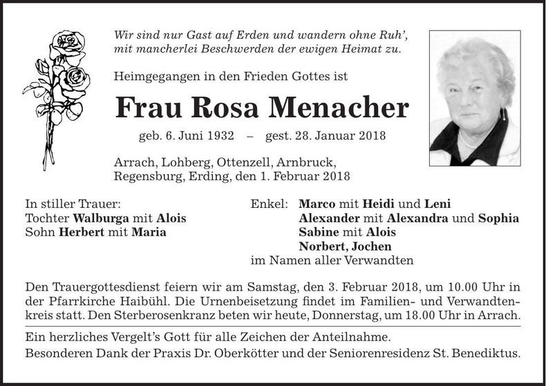 Traueranzeige Rosa Menacher