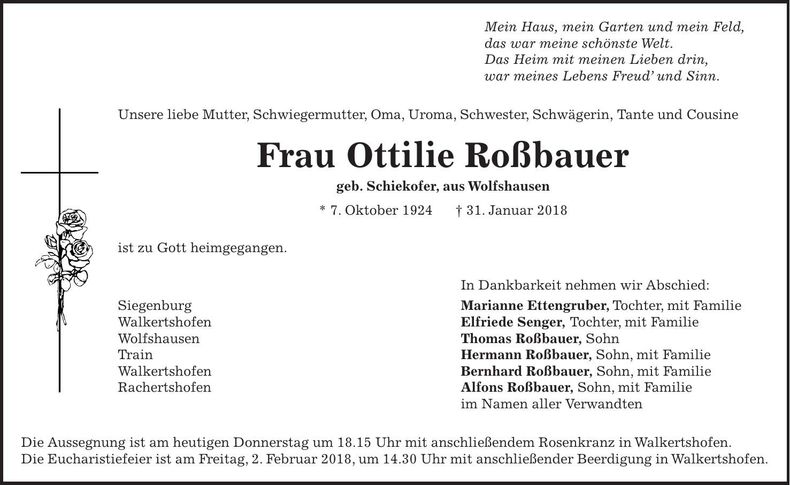 Traueranzeige Ottilie Roßbauer