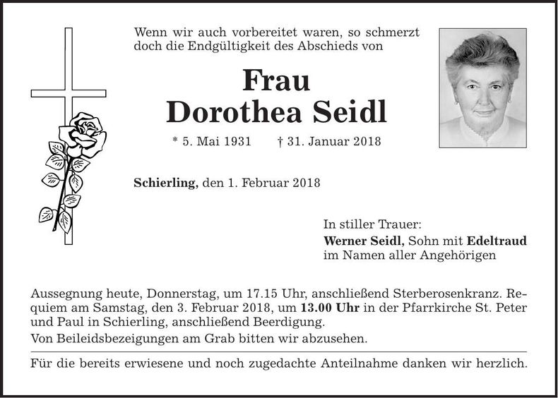 Traueranzeige Dorothea Seidl