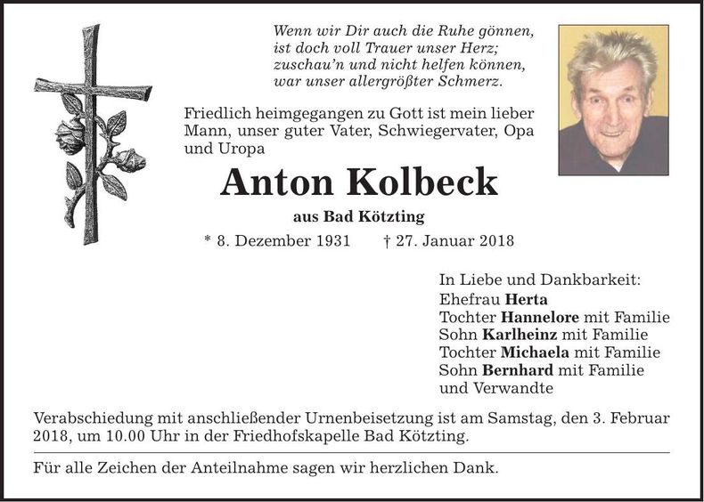 Traueranzeige Anton Kolbeck