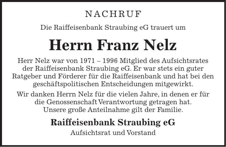Traueranzeige Franz Nelz