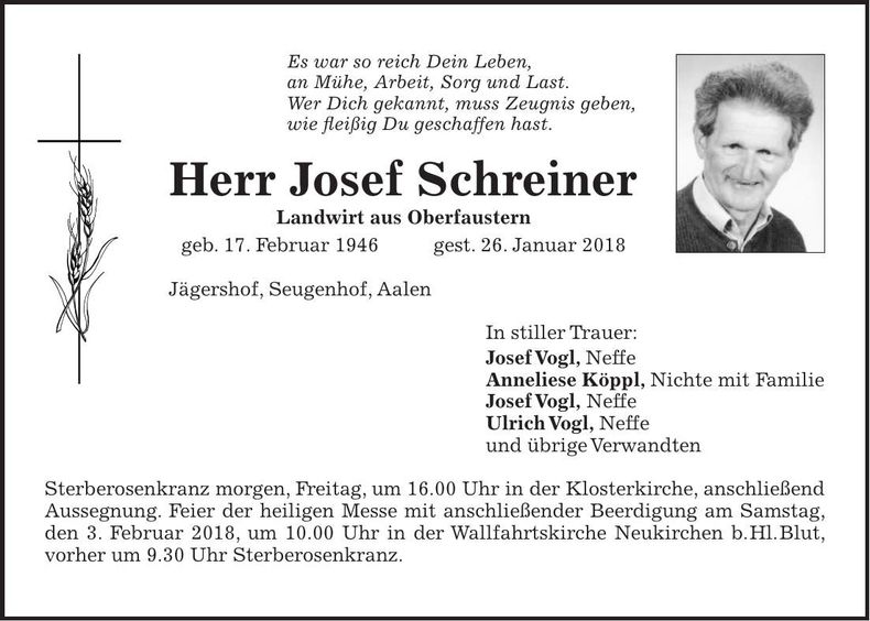Traueranzeige Josef Schreiner