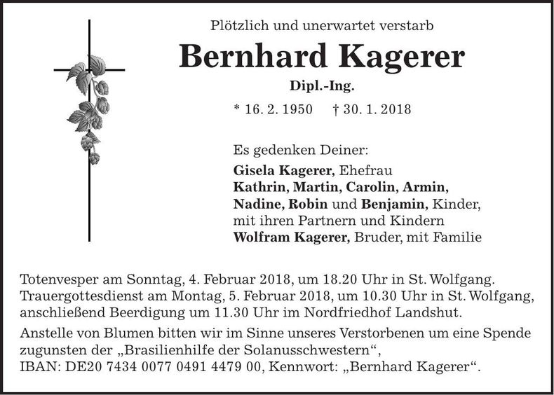 Traueranzeige Bernhard Kagerer