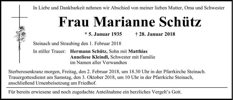 Traueranzeige Marianne Schütz