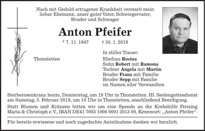 Traueranzeige Anton Pfeifer