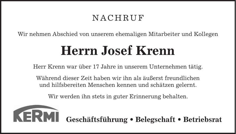 Traueranzeige Josef Krenn