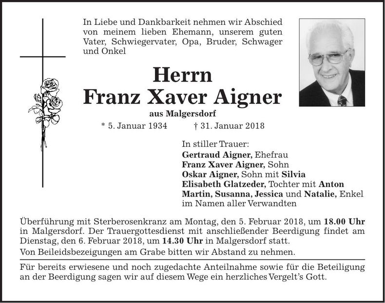 Traueranzeige Franz Xaver Aigner