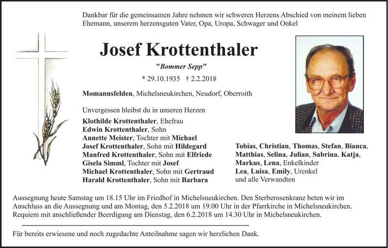 Traueranzeige Josef Krottenthaler