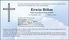 Traueranzeige Erwin Böhm