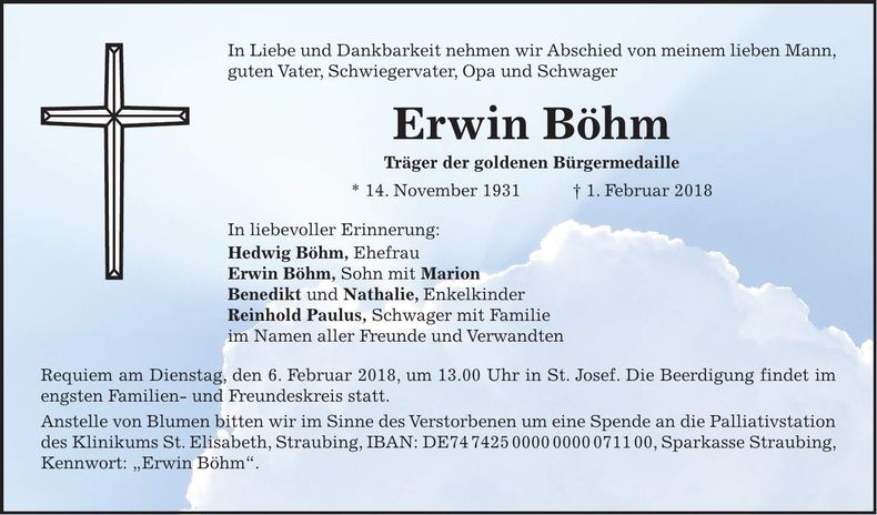 Traueranzeige Erwin Böhm