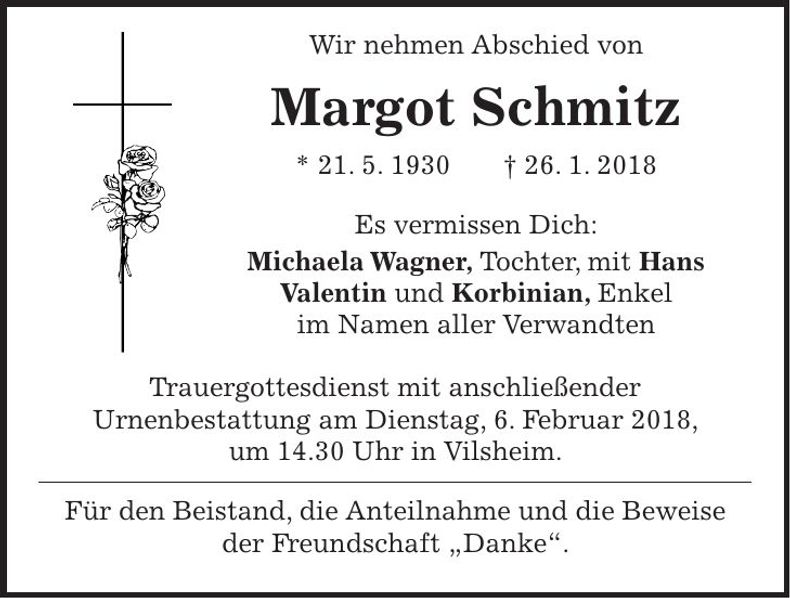Traueranzeige Margot Schmitz