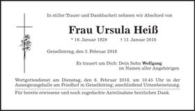 Traueranzeige Ursula Heiß