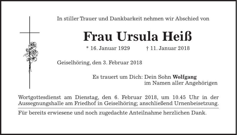 Traueranzeige Ursula Heiß