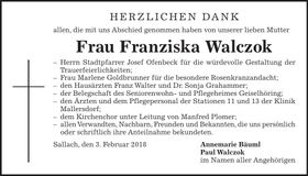 Traueranzeige Franziska Walczok