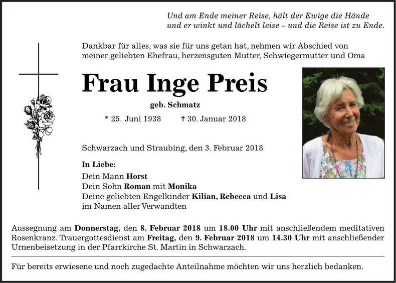 Traueranzeige Inge Preis