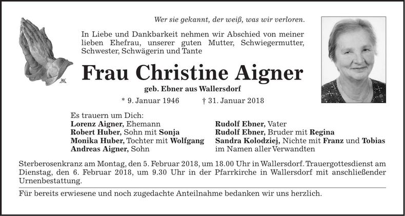 Traueranzeige Christine Aigner