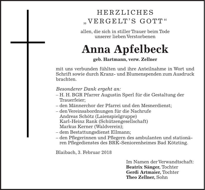 Traueranzeige Anna Apfelbeck