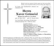 Traueranzeige Xaver Grüneisl