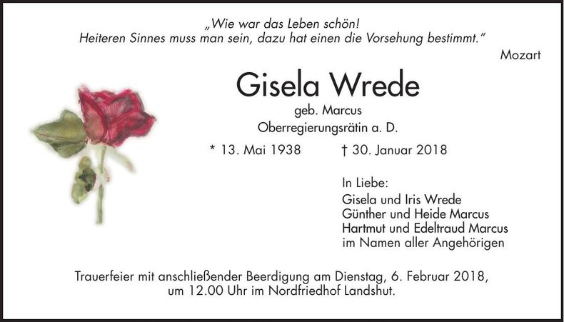 Traueranzeige Gisela Wrede