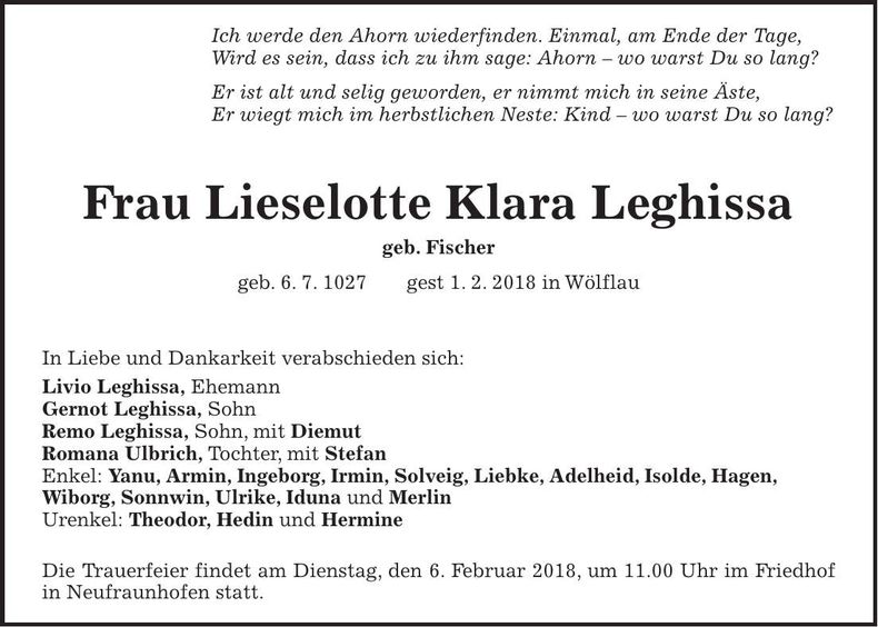Traueranzeige Lieselotte Leghissa