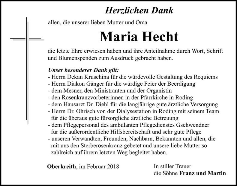 Traueranzeige Maria Hecht