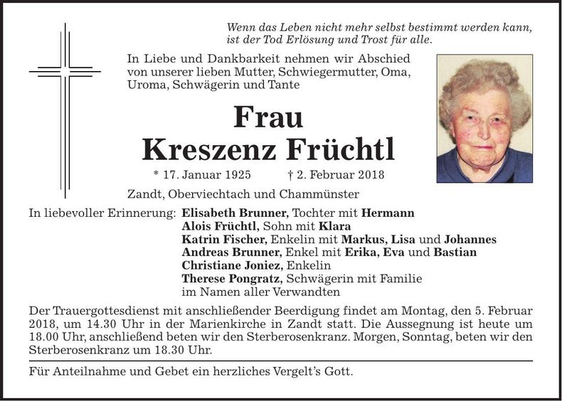 Traueranzeige Kreszenz Früchtl