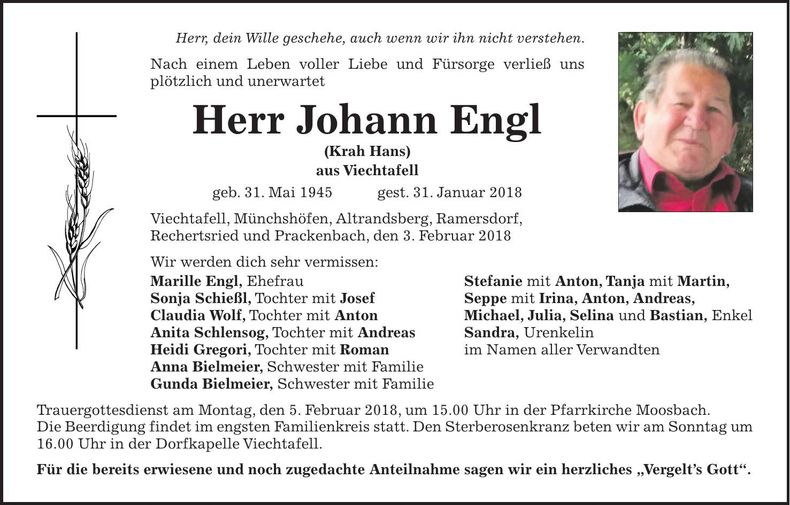 Traueranzeige Johann Engl