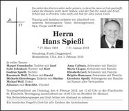Traueranzeige Hans Spießl