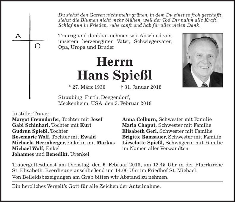 Traueranzeige Hans Spießl