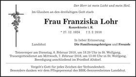 Traueranzeige Franziska Lohr