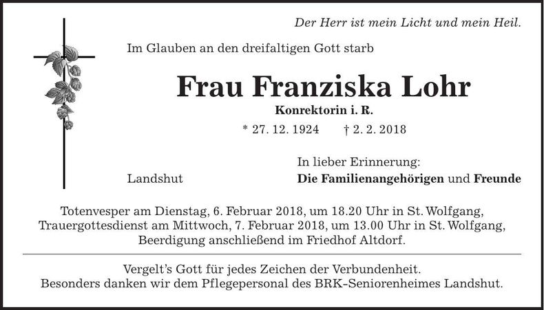 Traueranzeige Franziska Lohr