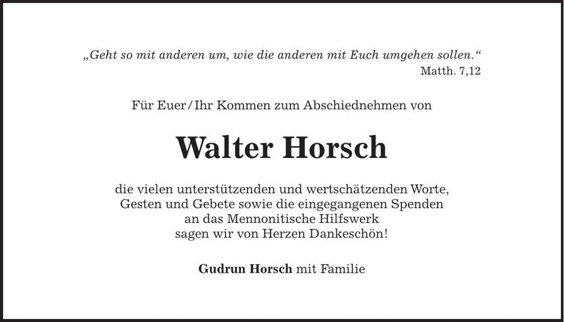 Traueranzeige Walter Horsch