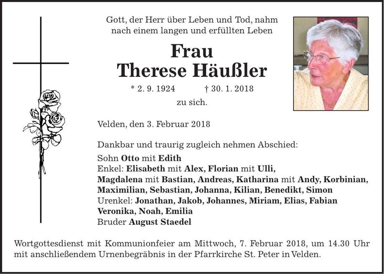 Traueranzeige Therese Häußler