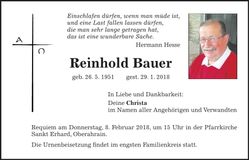 Traueranzeige Reinhold Bauer