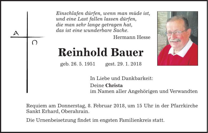 Traueranzeige Reinhold Bauer